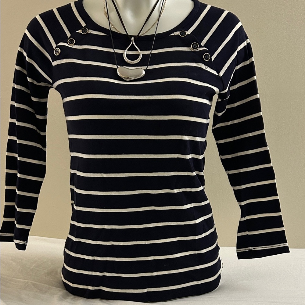 Talbots 100% Pima Cotton Classic Navy and Cream Striped Tee